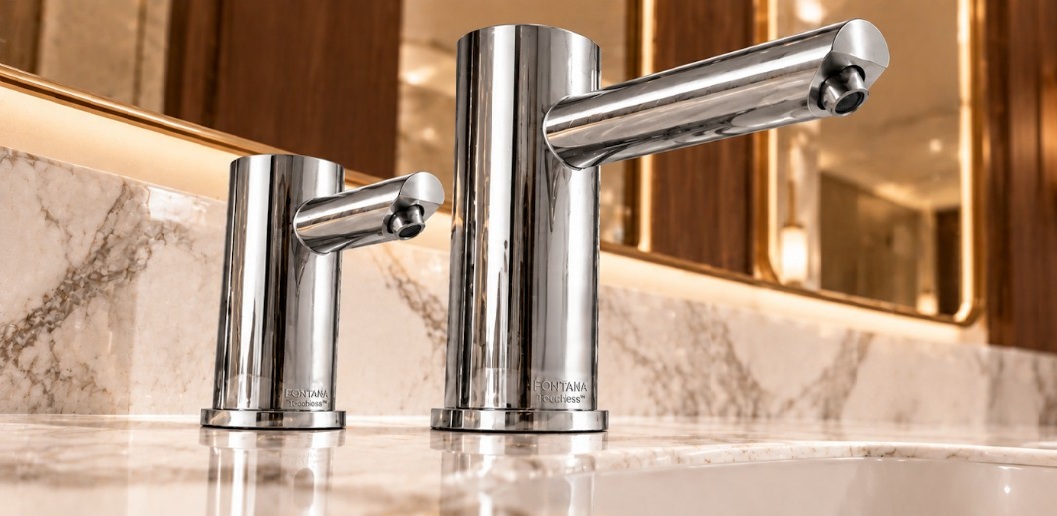 Panoramic multi-station commercial handwashing installation with coordinated sensor faucets and soap dispensers