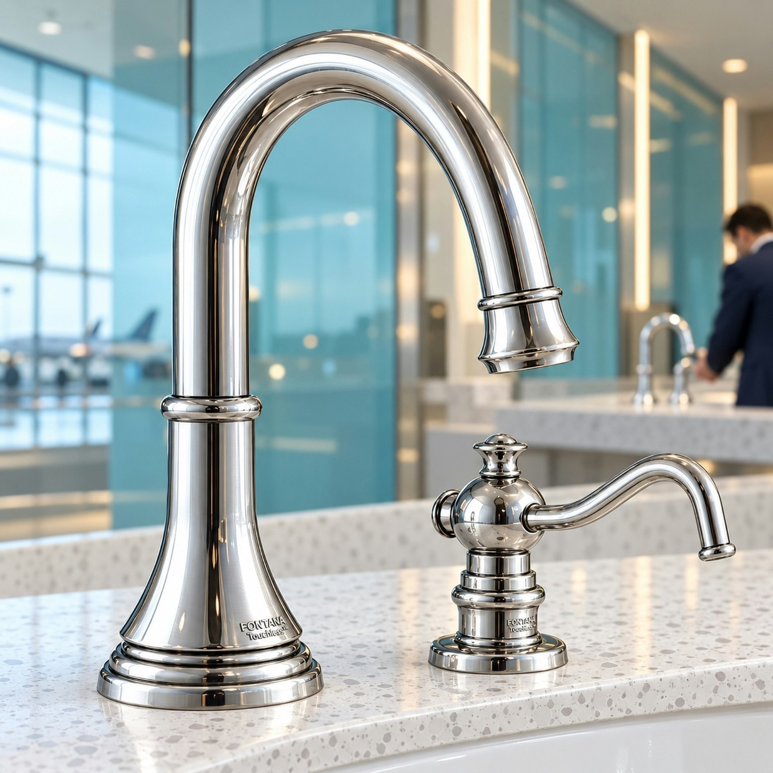 Polished chrome traditional-style faucet and dispenser beside a basin.