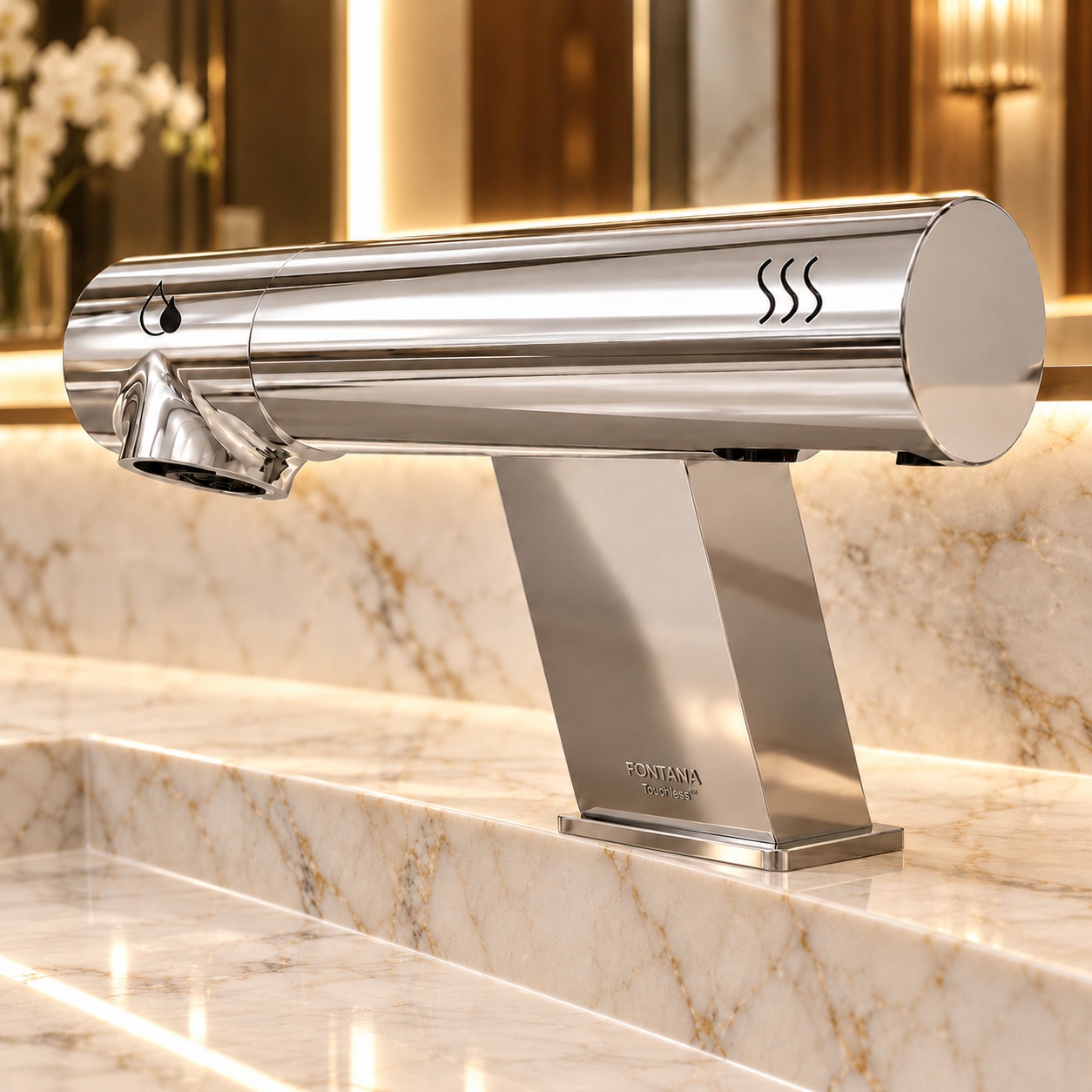 Polished chrome multifunction fixture with separate function symbols.
