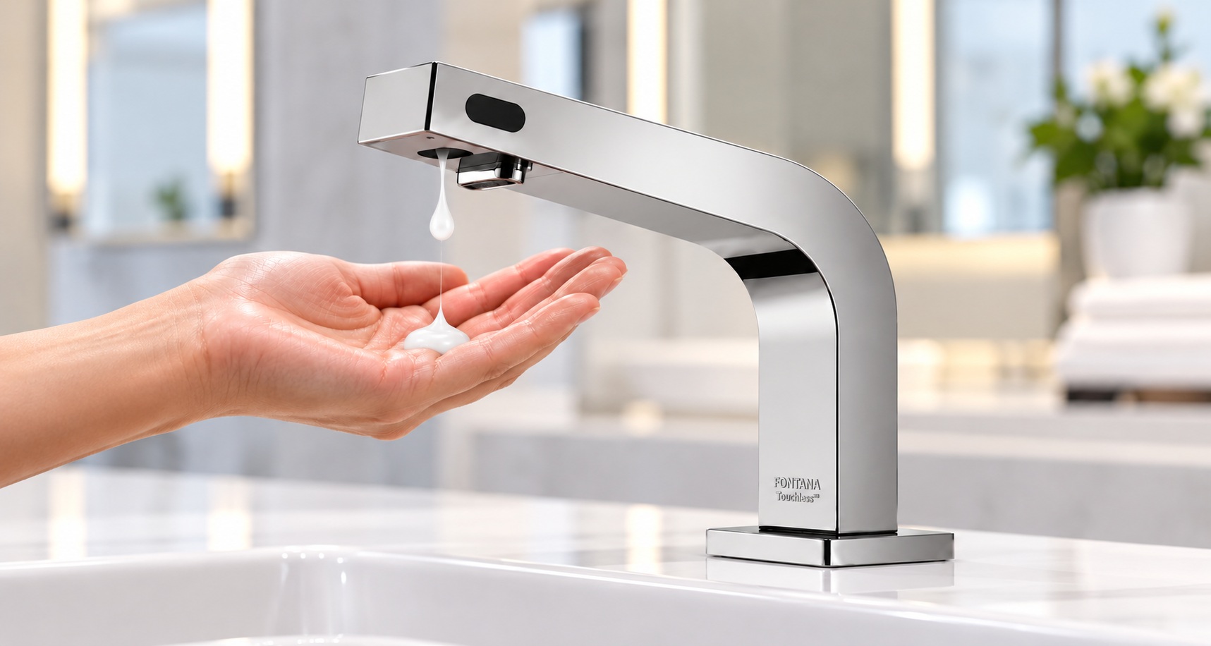Polished chrome automatic soap dispenser delivering soap to a hand.