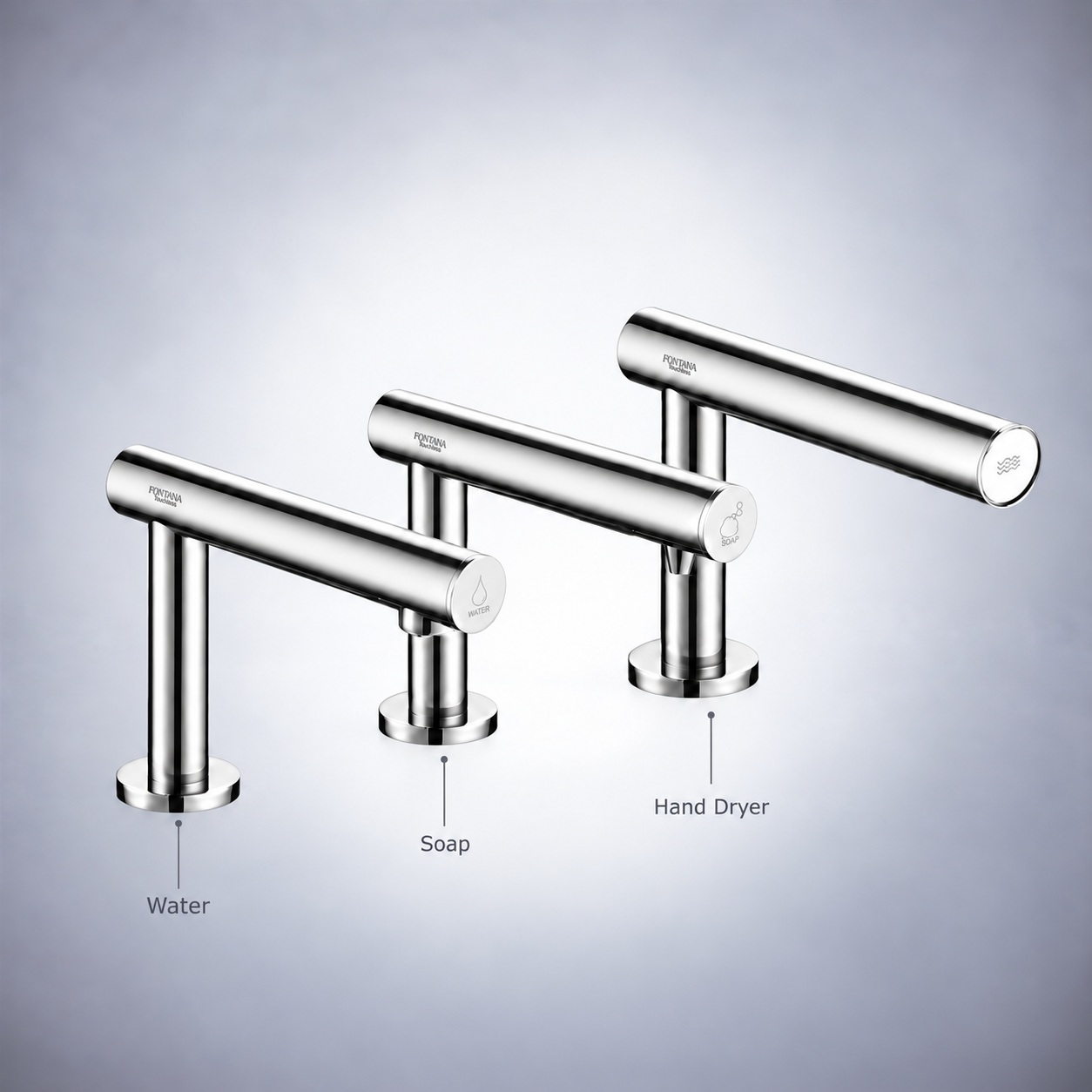 Polished chrome fixture configurations shown together for comparison.