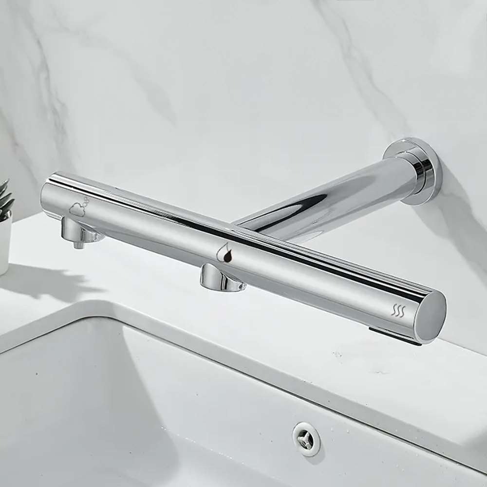Polished chrome wall-mounted linear fixtures above a white basin.
